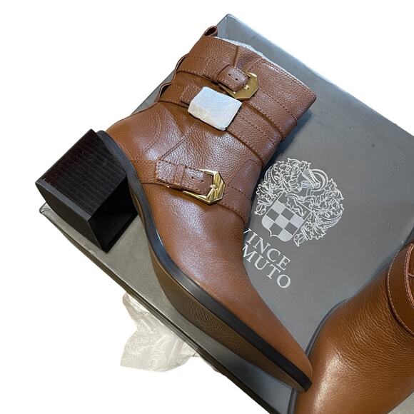 Vince Camuto Leather Buckle Mid-Shaft Zip Boots Kempreea Cocoa Biscuit 9.5 NIB - Picture 11 of 12
